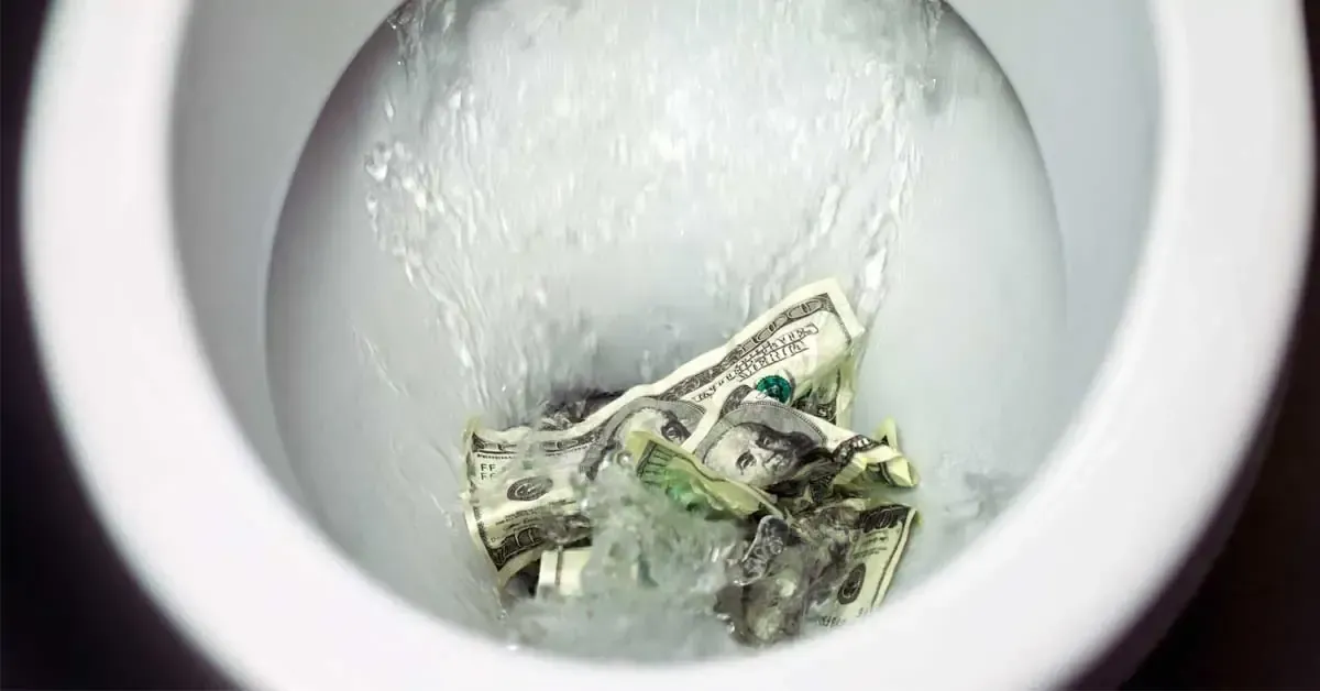 Cash flushed down toilet, symbolizing hidden water leaks that cause high utility bills despite no visible damage.