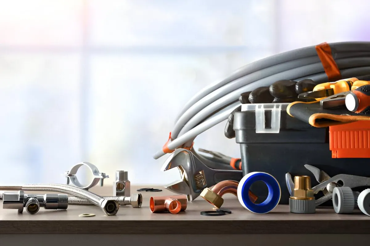 Plumber’s tools loaded with tape and gas line tools for rerouting and upsizing undersized service lines.