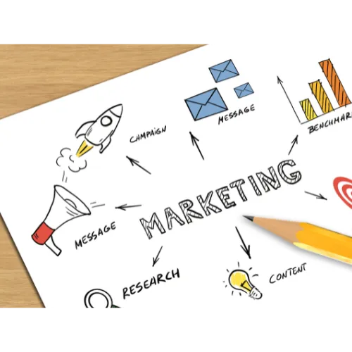 Three-person small business meeting in a bright storefront: owner with tablet, marketer with laptop, and assistant taking notes; warm natural window light, candid photorealistic style emphasizing collaboration and results.