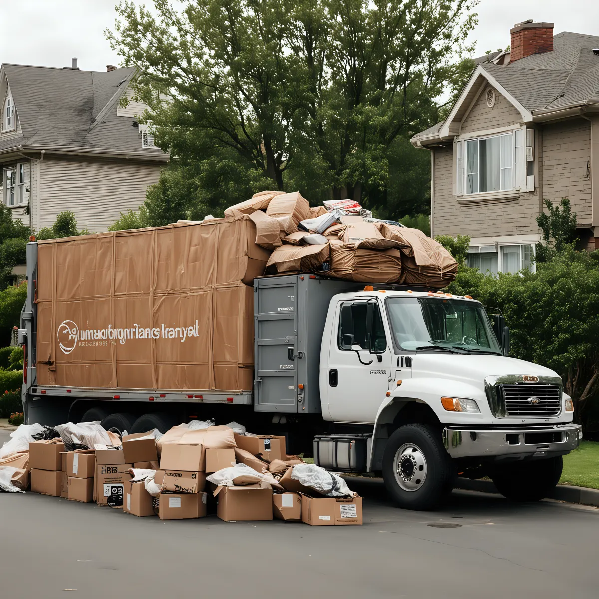 A fully loaded Route Runners Junk Removal truck parked in front of a house, filled with assorted junk including furniture, electronics, and boxes, showcasing the efficiency and thoroughness of junk removal services in Las Vegas.