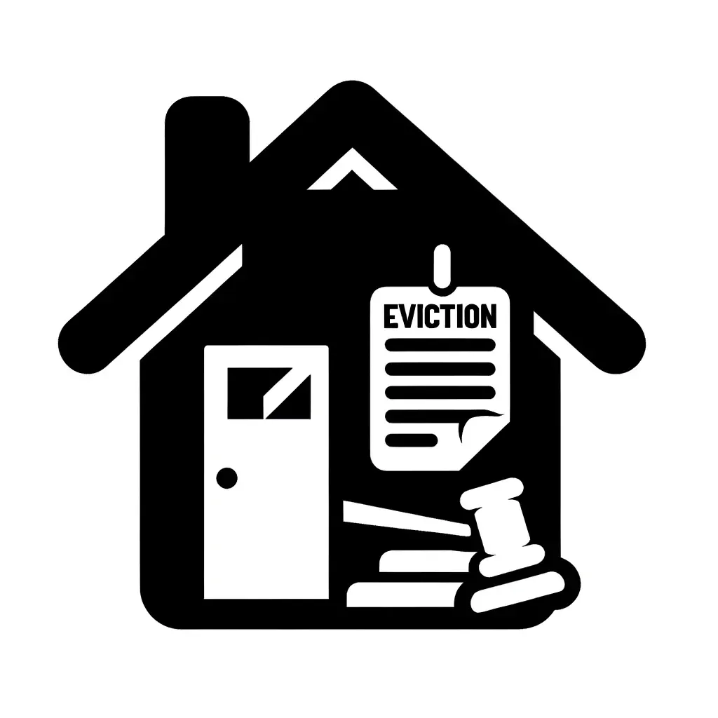 Icon showing a house with a gavel and eviction notice, indicating foreclosure and eviction clean-out services by Route Runners Junk Removal.