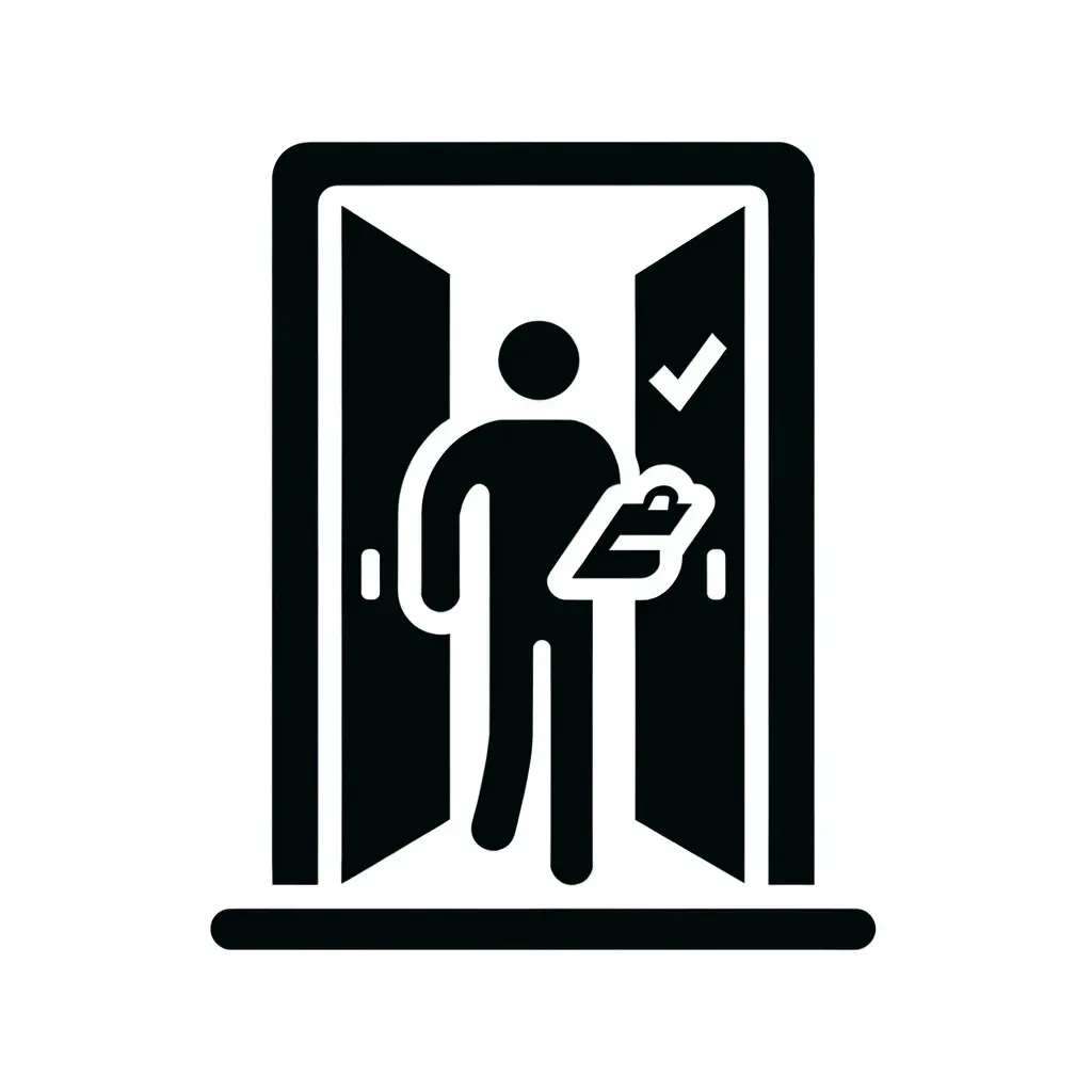  Icon of a person with a checklist in a doorway, representing the final walk-through service by Route Runners Junk Removal.