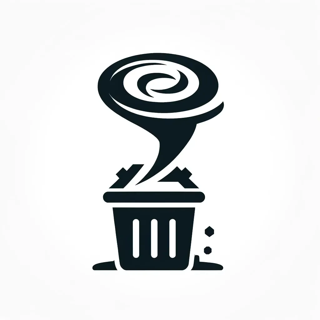  Icon depicting a whirlwind sweeping items into a trash bin, representing efficient clean-out services.