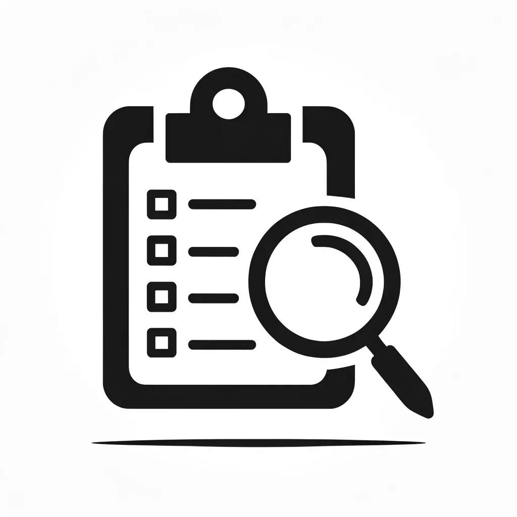  Icon of a clipboard with a list and a magnifying glass, symbolizing detailed inventory services.