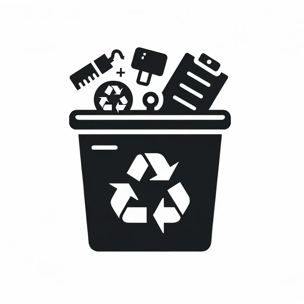  Icon showing a recycling bin with items being placed into it, highlighting eco-friendly disposal practices.