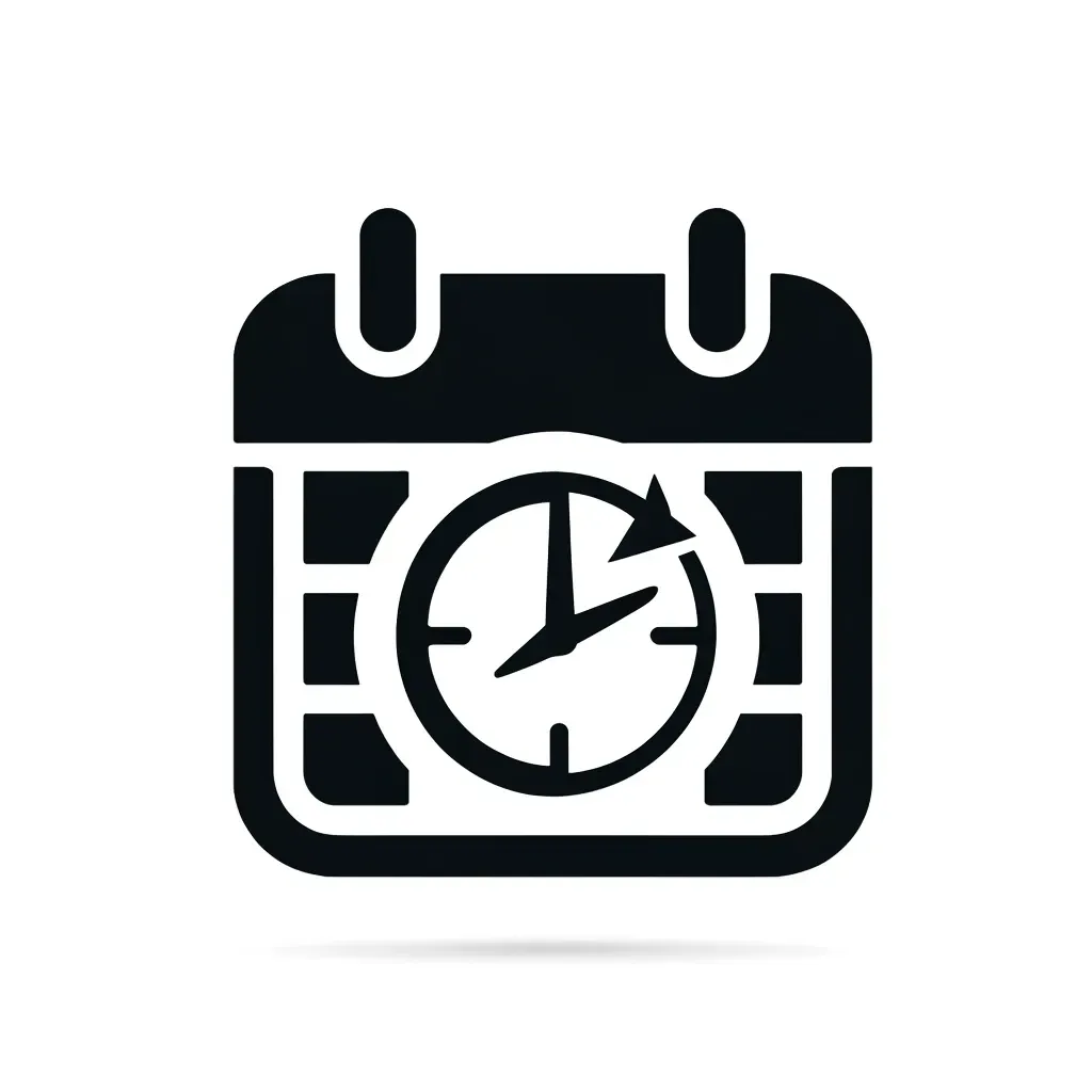  Icon of a calendar with a clock, symbolizing flexible scheduling options for services.