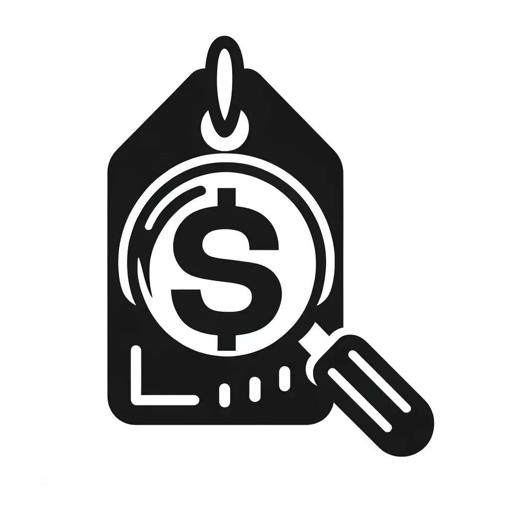 Icon of a price tag with a magnifying glass inspecting it, indicating transparent pricing.