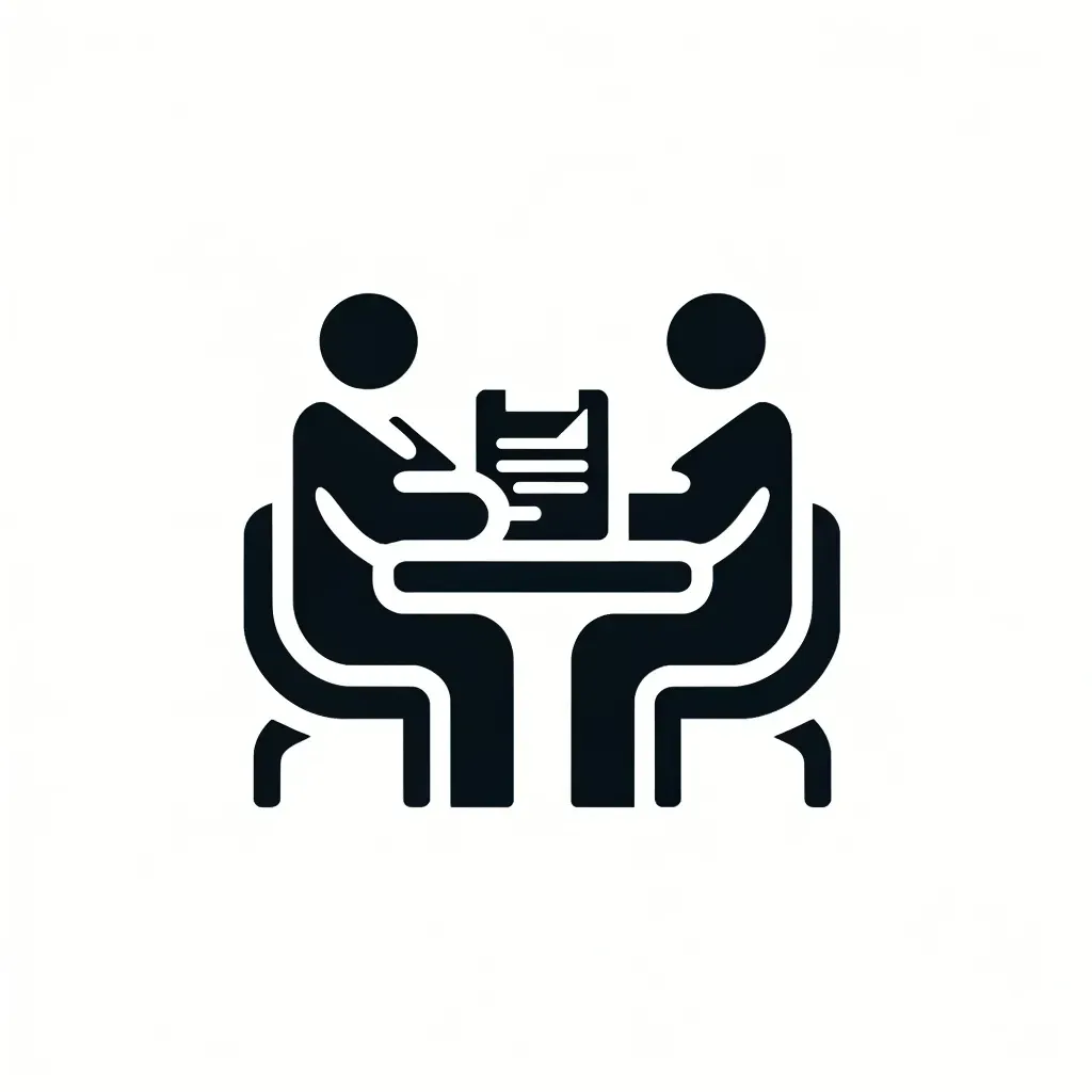  Icon of two people discussing over a desk with a document, representing initial consultation services.