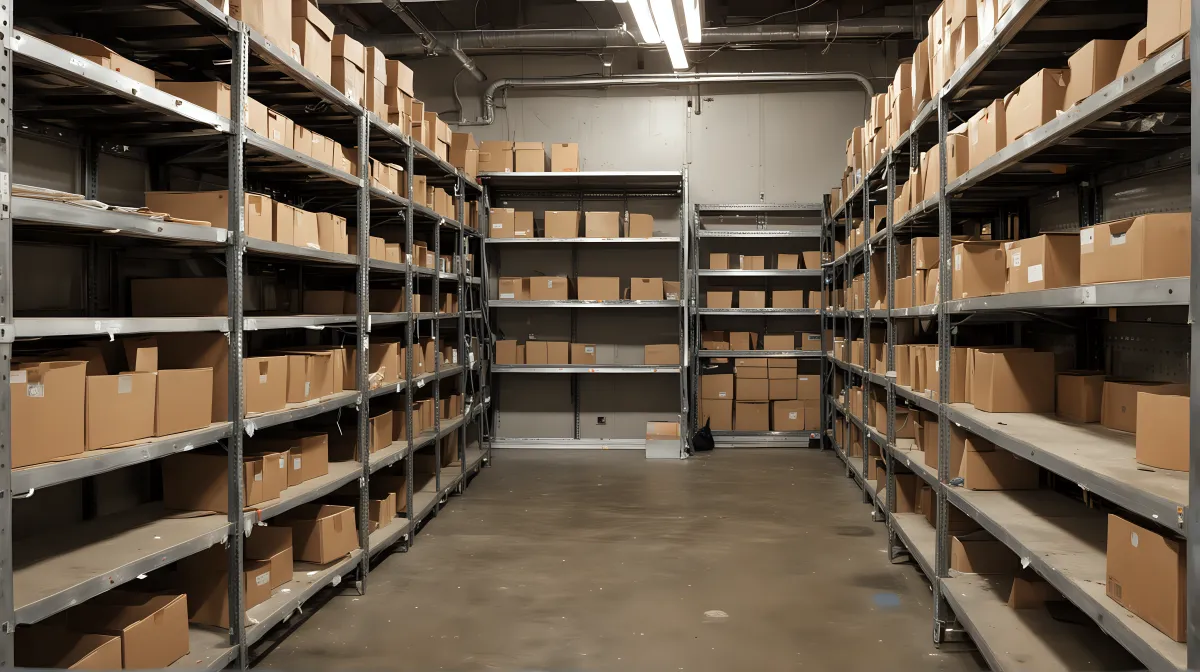 High-quality image of a storage unit during a clean-out by Route Runners Junk Removal, featuring meticulously clean shelves and a floor being swept. The unit is half-empty, displaying a stark contrast between the pristine, cleaned section and the yet-to-be-cleaned cluttered area, captured using a DSLR camera with a 50mm lens to emphasize the detailed cleaning process.