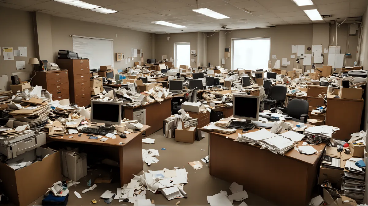 Wide-angle shot of an excessively cluttered commercial warehouse, showing disorganized piles of office supplies and debris, highlighting the urgency for comprehensive clean-out services.