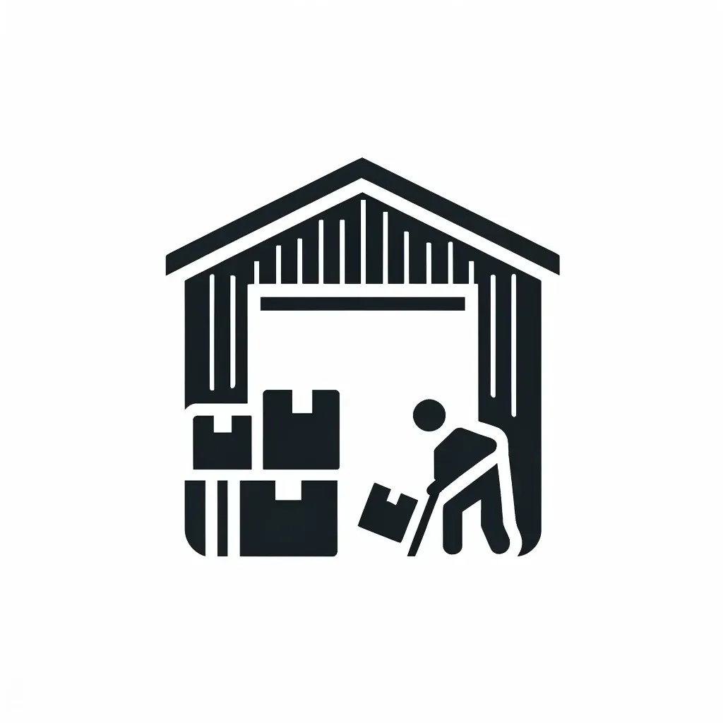 Icon showing a warehouse with boxes and pallets being organized and removed, indicating warehouse decluttering services.