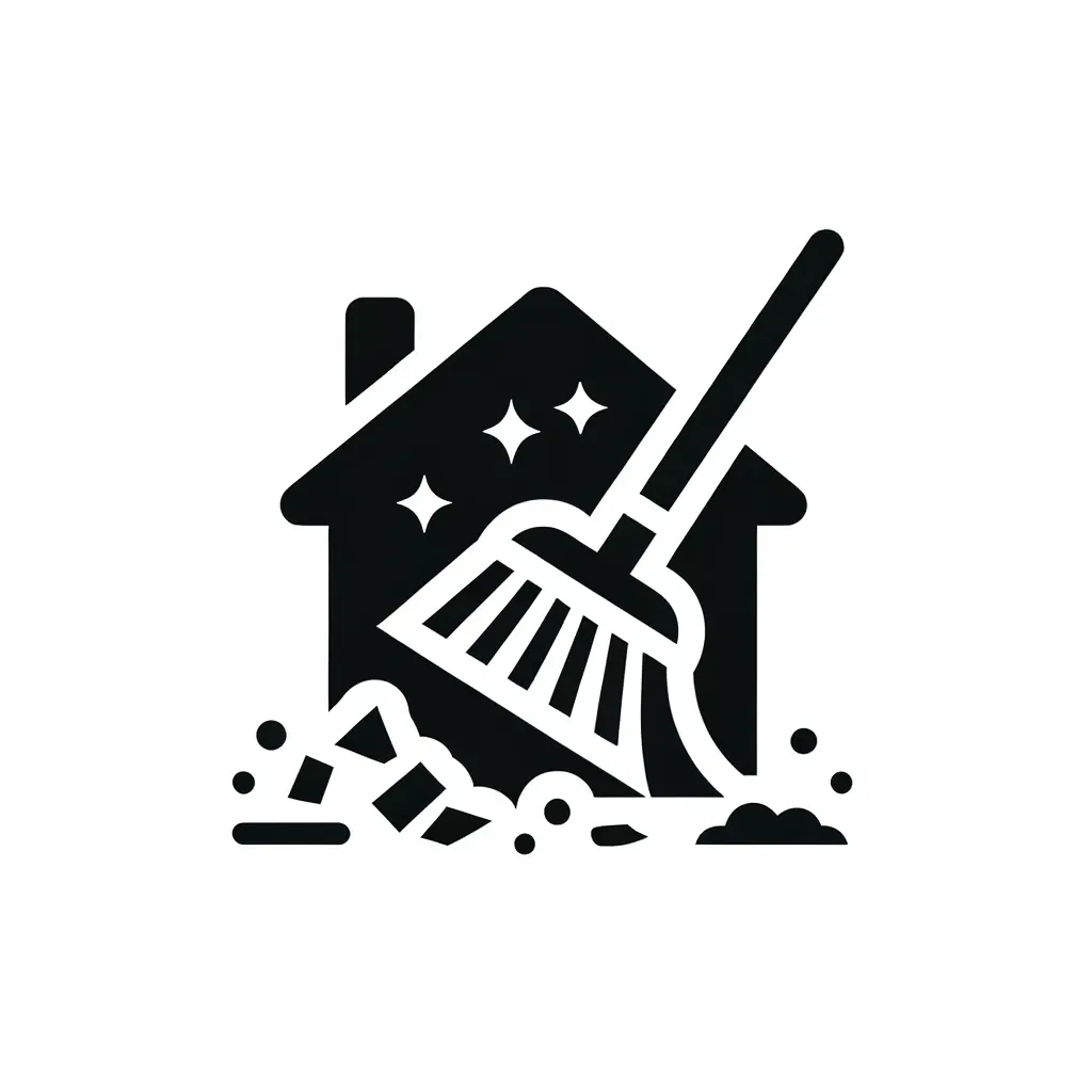 Icon depicting a broom and dustpan cleaning up debris, representing post-construction or demolition cleaning services.