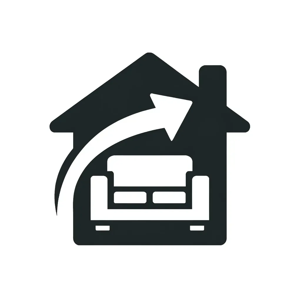 Icon depicting a couch with an arrow indicating removal from a house, representing furniture removal services.