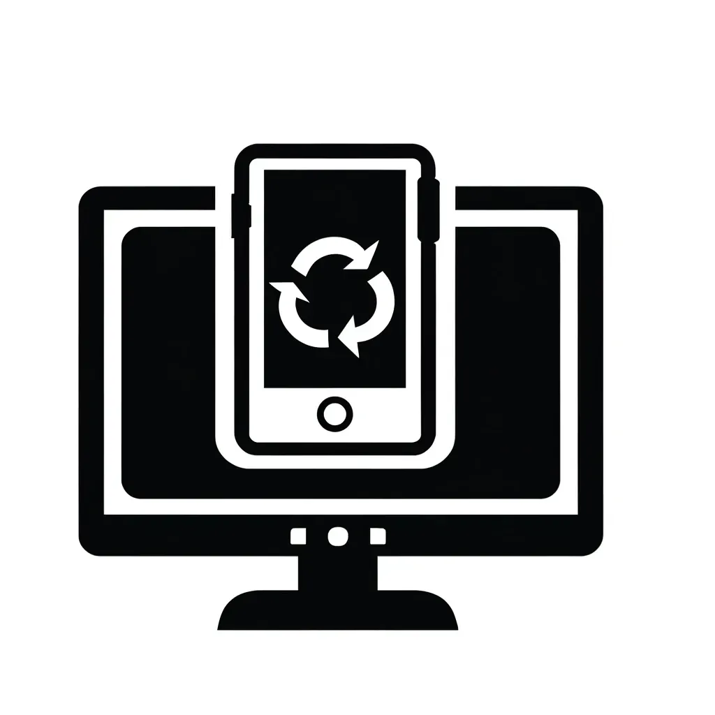 Icon showing a computer monitor and a smartphone with a recycling symbol, representing electronic waste recycling services.