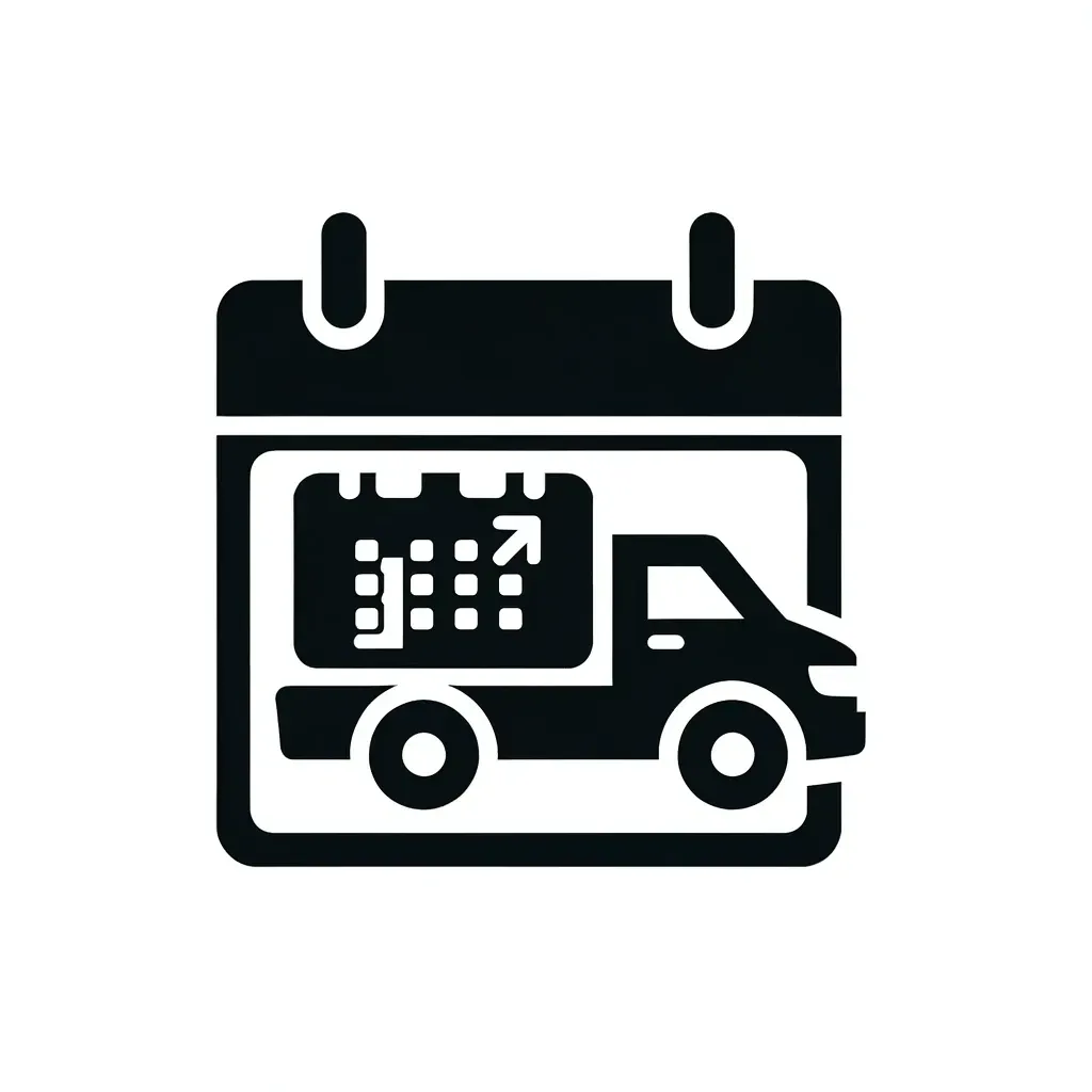 Icon showing a calendar with a pickup truck on a specific date, representing the scheduling of pickup services for item removal by Route Runners Junk Removal.