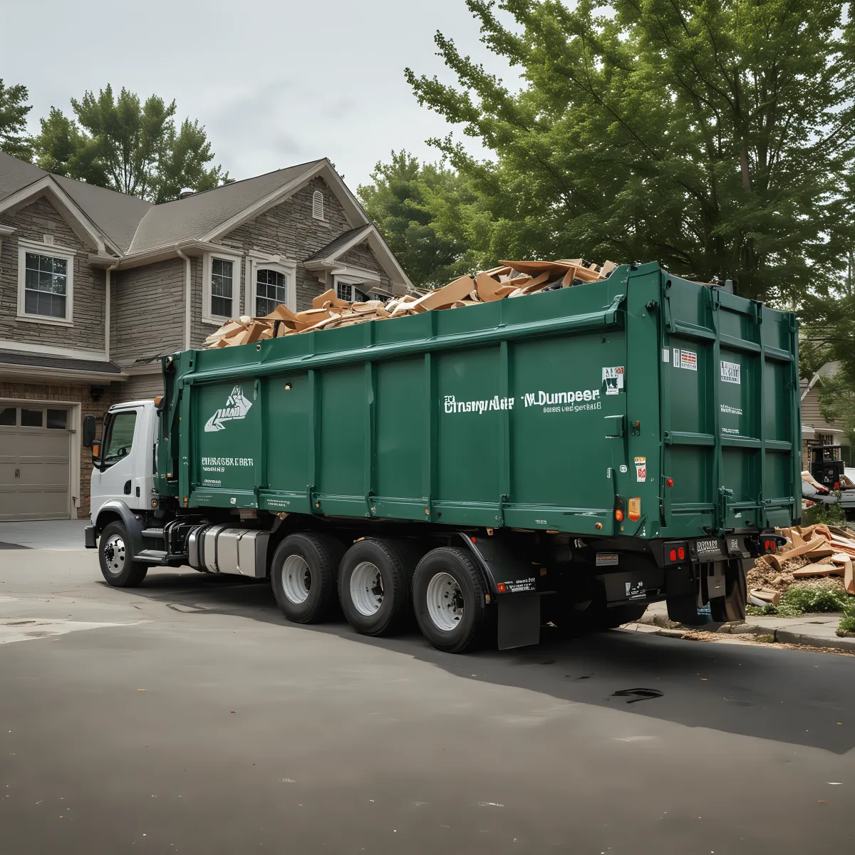 A Route Runners Junk Removal dumpster being delivered to a renovation site in Las Vegas, illustrating the convenience and capacity of their dumpster rental services. Call (702) 800-1670 for bookings.