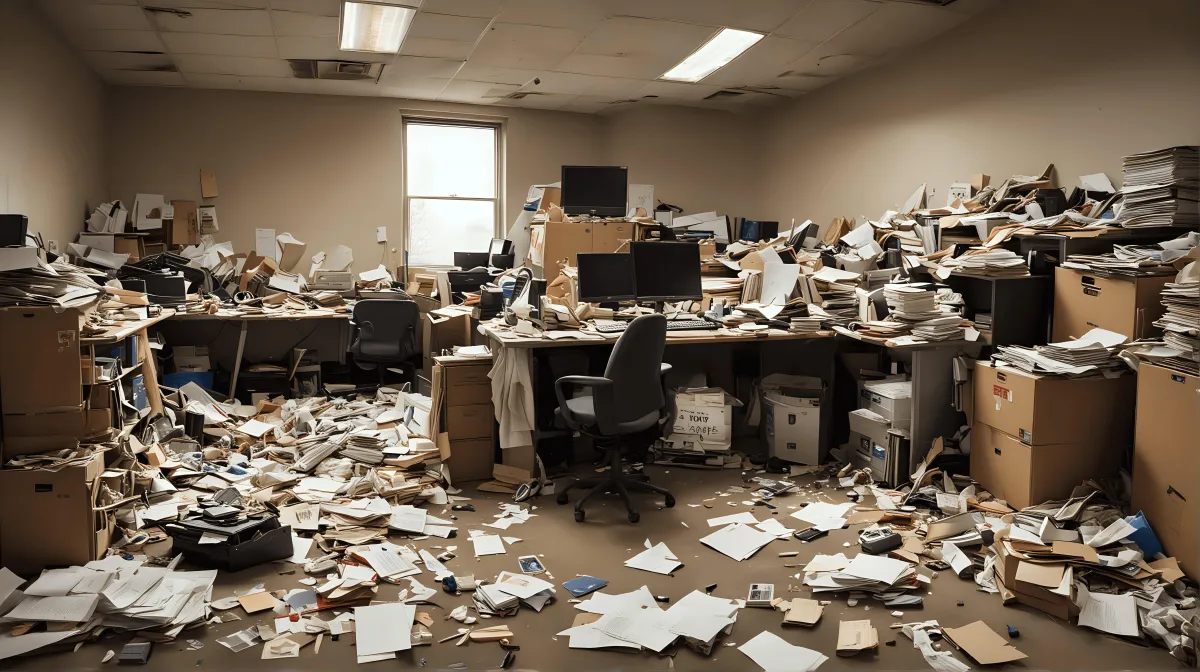 Wide-angle shot of an excessively cluttered commercial warehouse, showing disorganized piles of office supplies and debris, highlighting the urgency for comprehensive clean-out services.