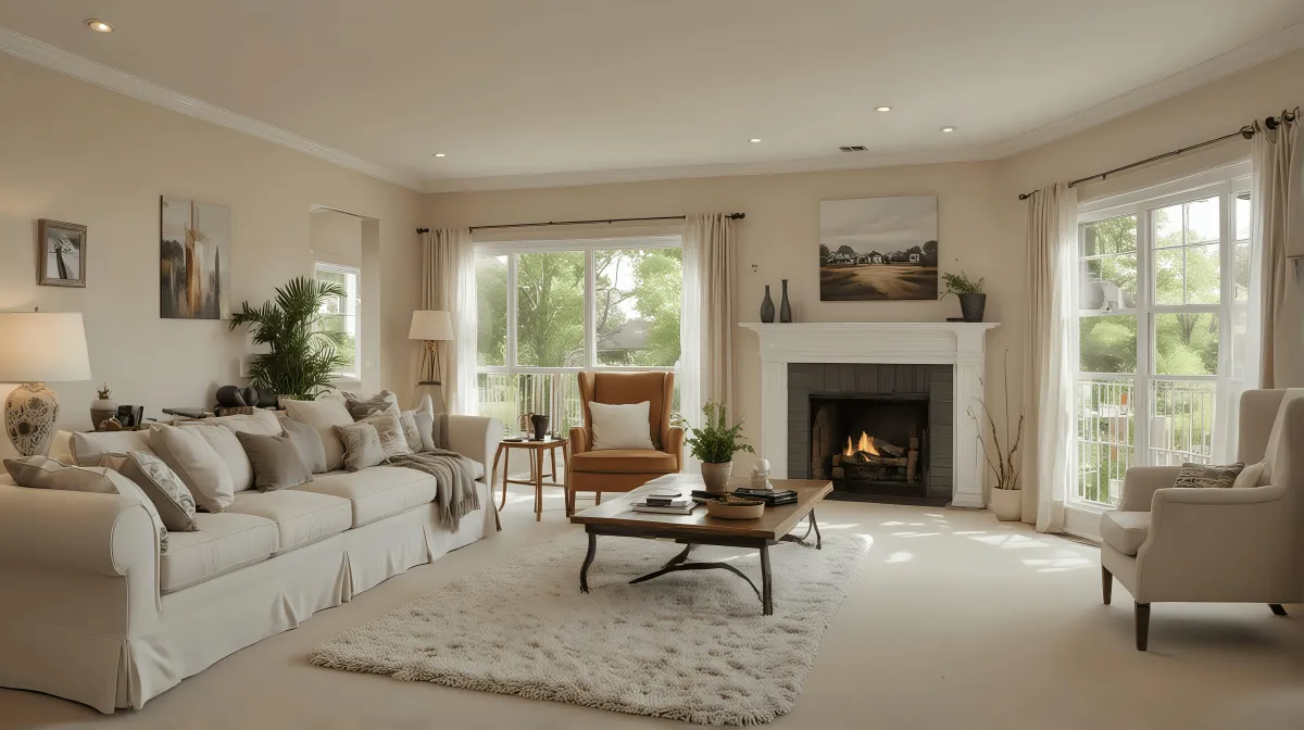 Spacious and organized living room freshly cleaned by Route Runners Junk Removal, showcasing neatly arranged furniture and a clutter-free environment, reflecting the high-quality home clean-out services in Las Vegas.