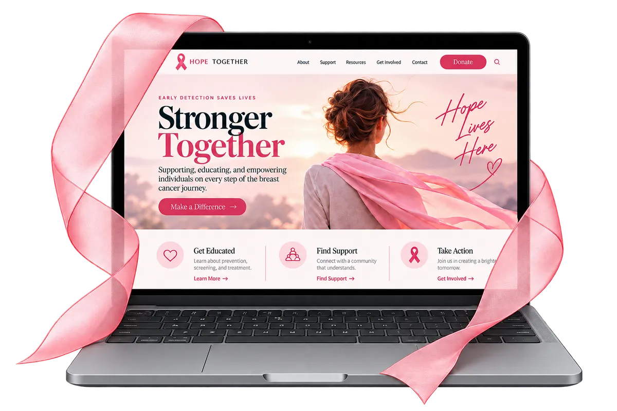 Ribbon-Layered Mockup featuring a luxury laptop showing modern design with an elegant pink ribbon accent