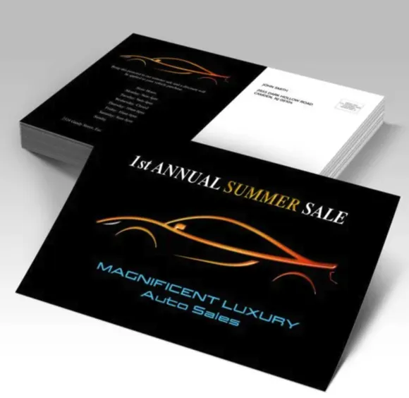 Raised spot UV postcards highlighting specific design elements with a glossy finish, creating a striking contrast and adding a premium feel to marketing materials.