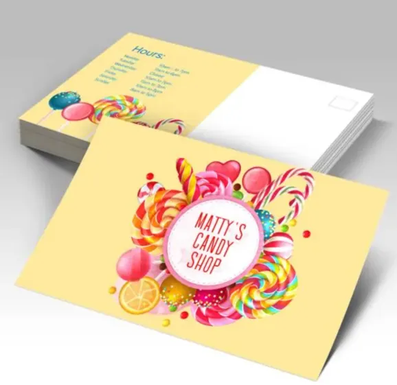 Akuafoil metallic ink postcards showcasing vibrant, shimmering designs that add a luxurious touch to promotional materials and enhance visual appeal.