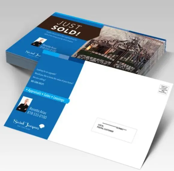 EDDM direct mail postcards designed for Every Door Direct Mail campaigns, featuring vibrant graphics and space for targeted marketing messages.