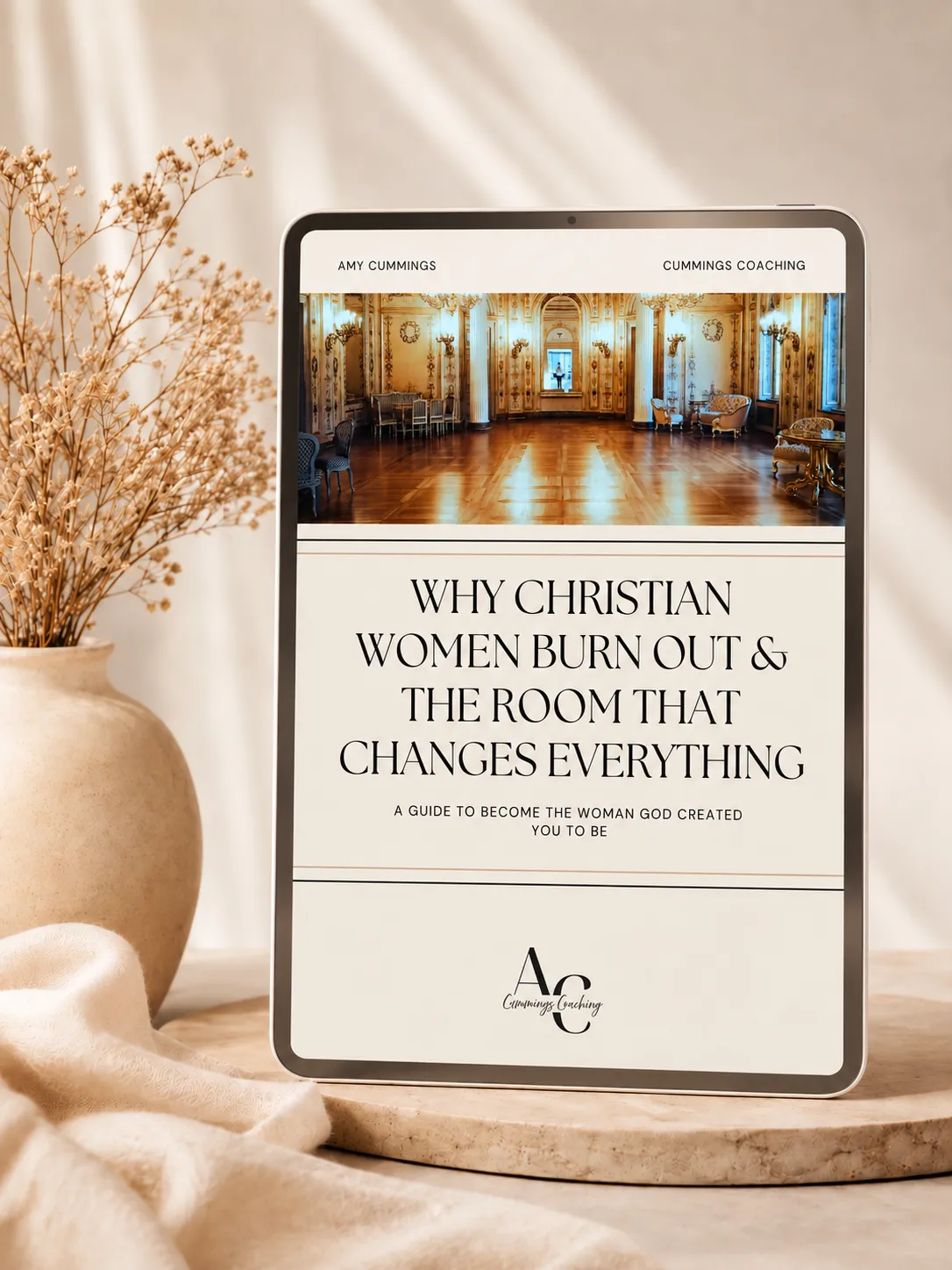 Free guide by Amy Cummings: Why Christian Women Burn Out and the Room That Changes Everything, shown on a tablet