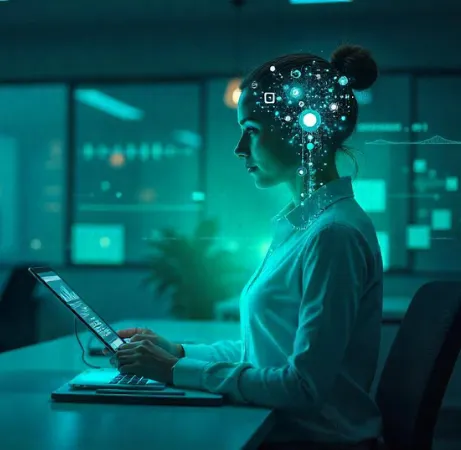 Image of a business owner working while “Sandra” (AI bubble/voice wave) handles the call in the background.