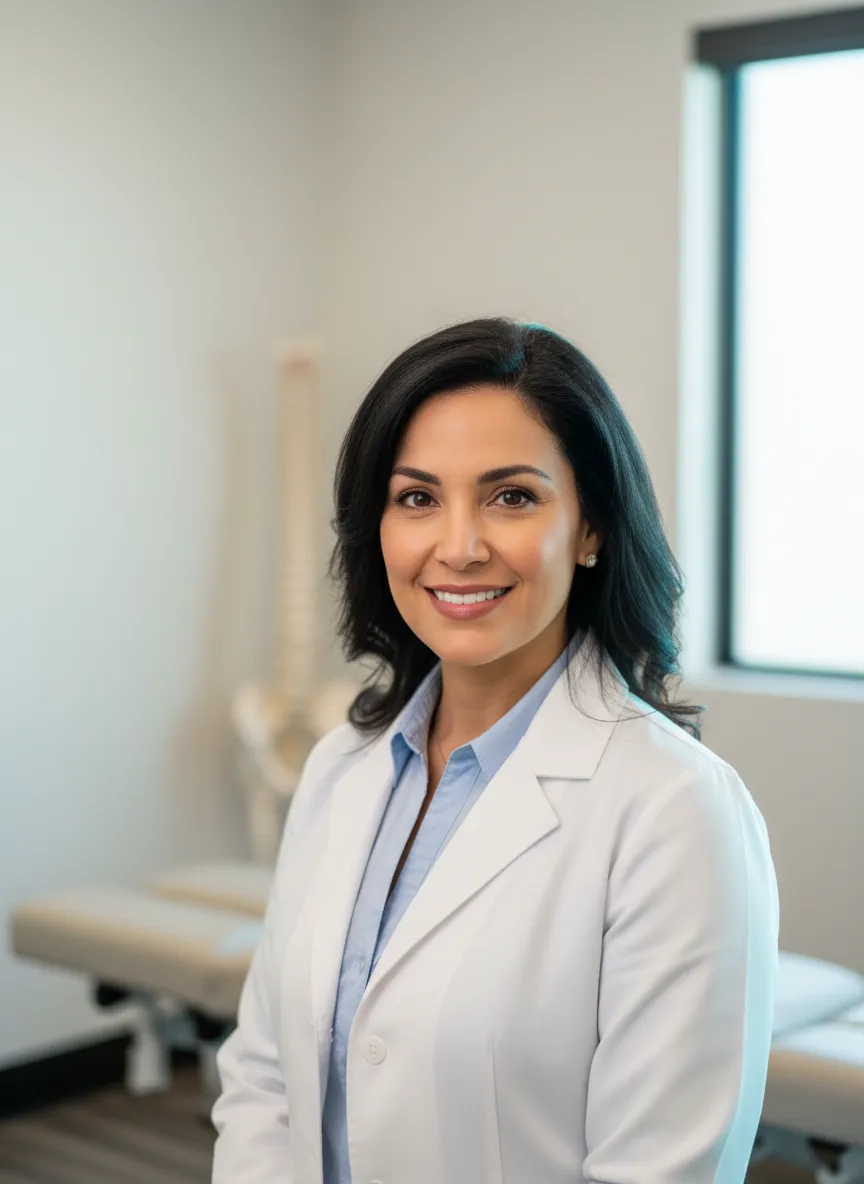 Professional headshot of the lead chiropractor in a crisp white coat