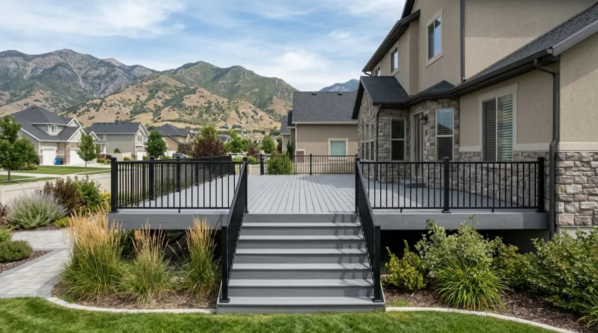 A newly built grey composite deck with black aluminum railing and wide stairs behind a suburban home in Sandy, Utah, with the Wasatch foothills in the background
