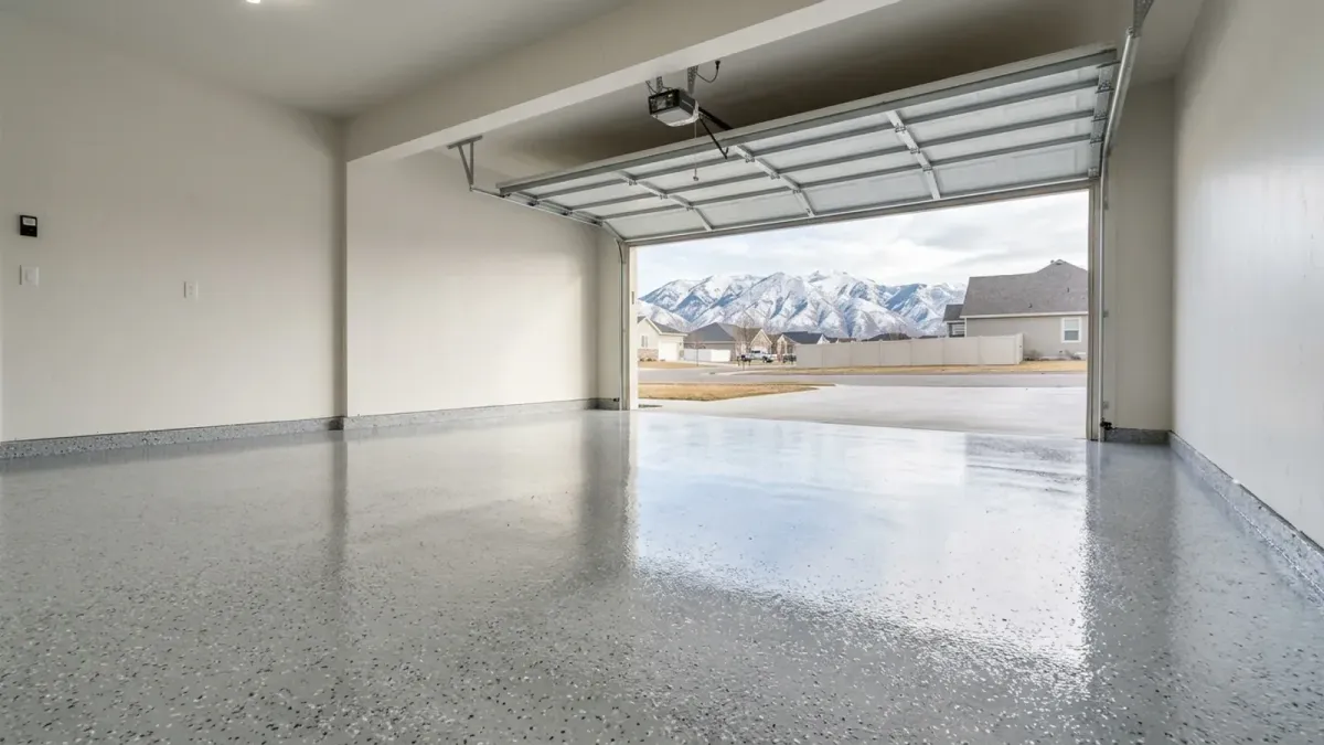 Freshly coated light-gray flake epoxy garage floor in a Sandy, Utah two-car garage with the door open to a Wasatch mountain view
