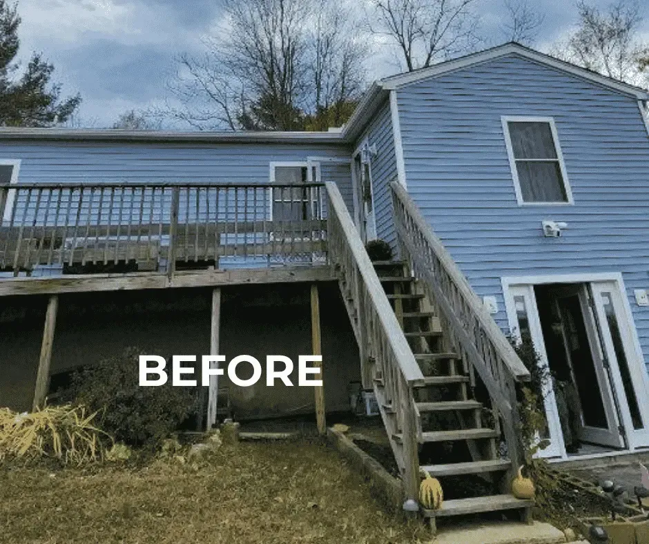 Exterior home renovation before view featuring a weathered wooden deck, staircase, and older blue vinyl siding on a Connecticut home