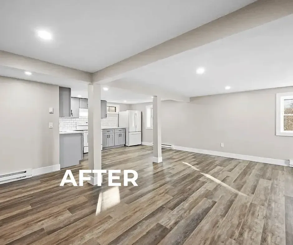 A dated, mid-renovation kitchen in Connecticut with old oak cabinets and laminate counters, showing the 'before' state of a complete overhaul