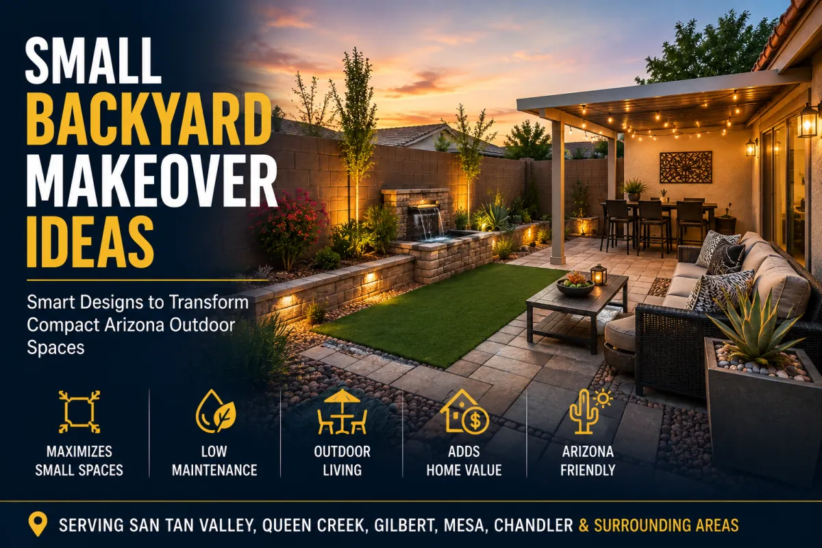 Small backyard makeover in Arizona featuring a modern aluminum patio cover, decorative pavers, artificial turf, desert landscaping, and a cozy outdoor living space designed for comfort and increased home value.