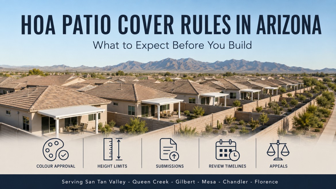 Patio covers in a master-planned Arizona community with matching finishes and rooflines