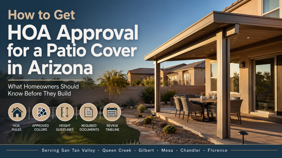 HOA-approved aluminum patio cover on an Arizona home in a planned community