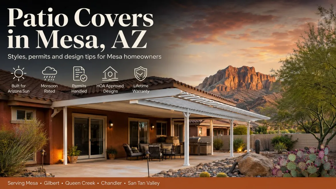 Aluminum patio cover shading the backyard of a Mesa, Arizona home with desert landscaping