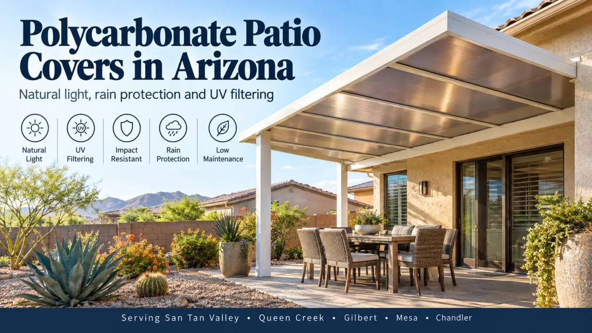 Polycarbonate patio cover letting soft natural light onto an Arizona patio