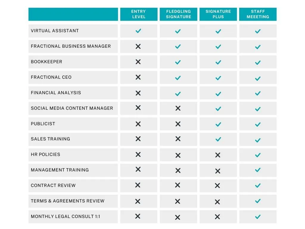 Checklist graphic showing service availability for virtual assistant, business manager, bookkeeper, and more across FledglingHQ's different offerings.