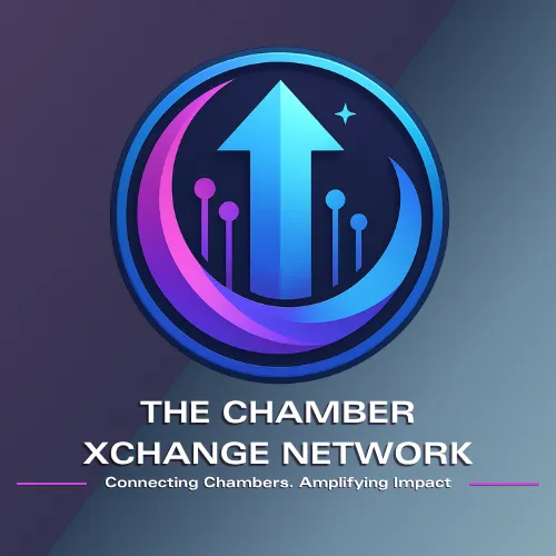 Chamber XChange Network logo – circular emblem with a glowing upward arrow, tech lines, and a crescent swoosh, symbolizing chamber growth and digital innovation.