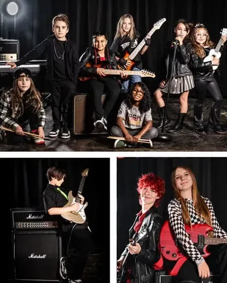 Group of young musicians playing guitars, bass, drums, and singing during a Rockstars of Tomorrow band program.