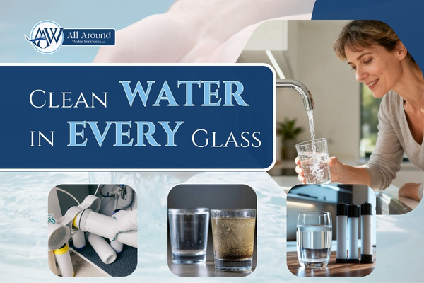 Glass of purified drinking water being filled from a reverse osmosis faucet.