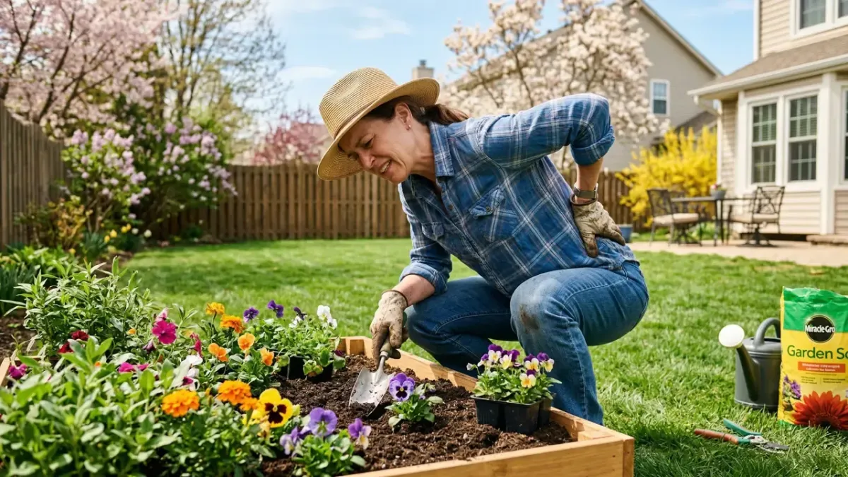 Kenosha resident doing spring yard work and gardening that can cause back pain