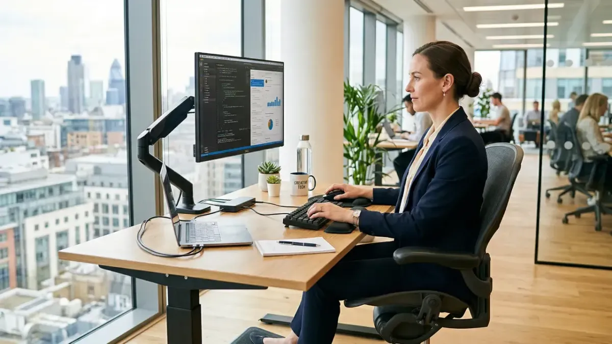Office worker with an ergonomic workstation setup to prevent neck and back pain in Kenosha WI