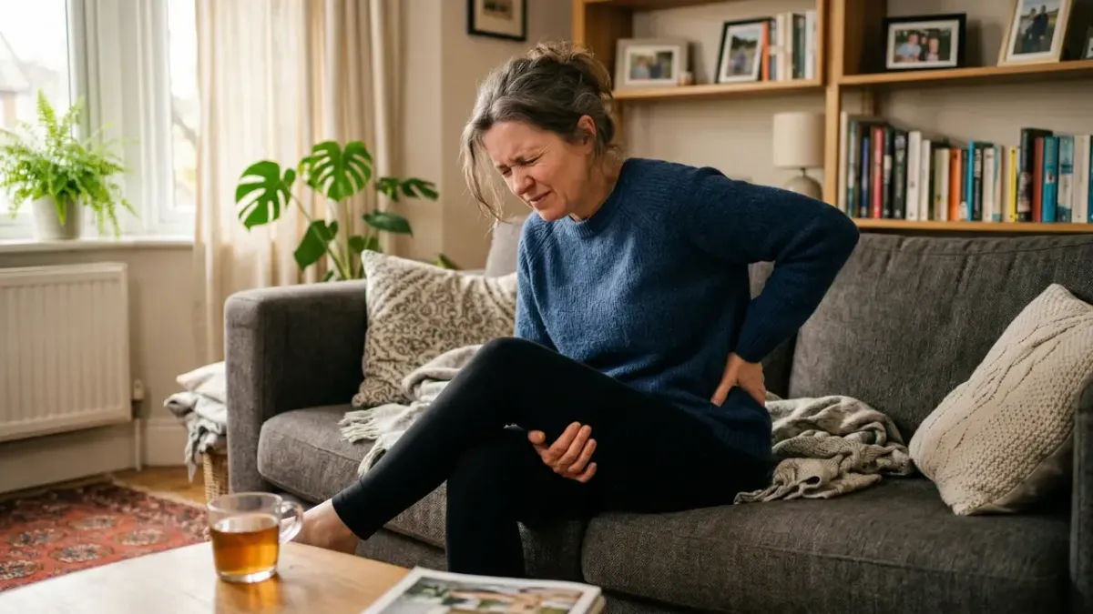 Person experiencing sciatica pain in the lower back and leg at home in Kenosha WI
