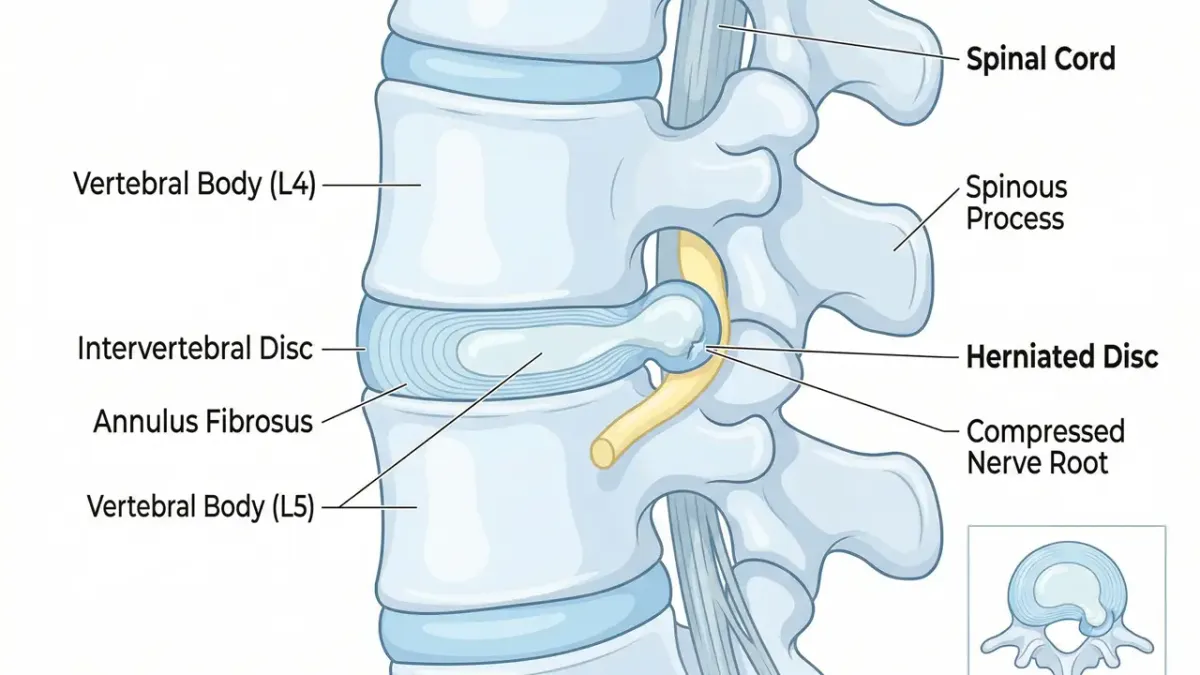Anatomical illustration of a herniated disc compressing a spinal nerve root