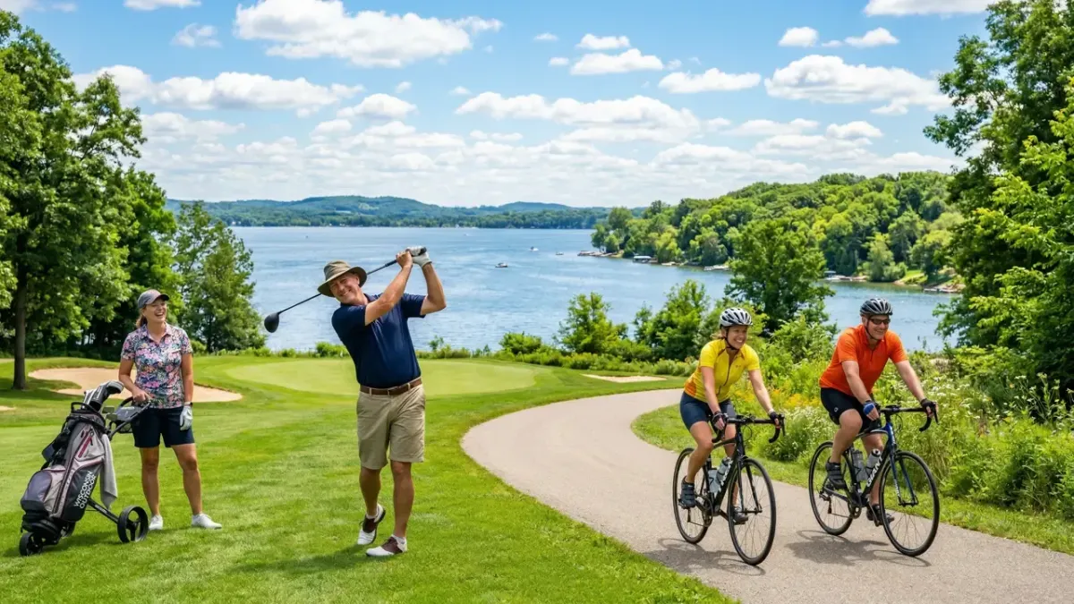 Active adults playing golf and biking near a Wisconsin lake during summer staying spine-healthy
