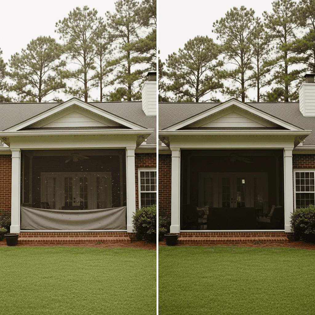 A luxurious outdoor patio at sunset with a large motorized storm screen being used as a projection screen for an outdoor movie theater.