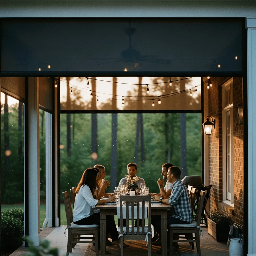 Friends enjoying comfortable Saturday evening dinner party on motorized screen-enclosed porch in August with string lights despite 95-degree Northeast Florida summer heat