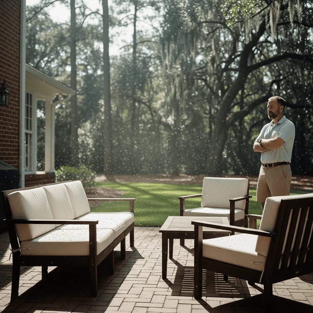 Woman sitting on a covered patio, looking out at rainy weather through glass sliding doors, with dead plants and empty outdoor furniture suggesting frustration about not enjoying her outdoor living space.